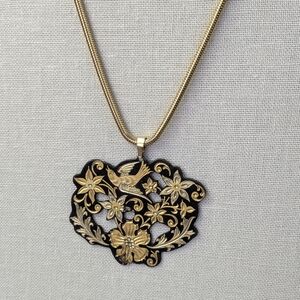 Black And Gold Metal Bird And Flower Pendant Necklace